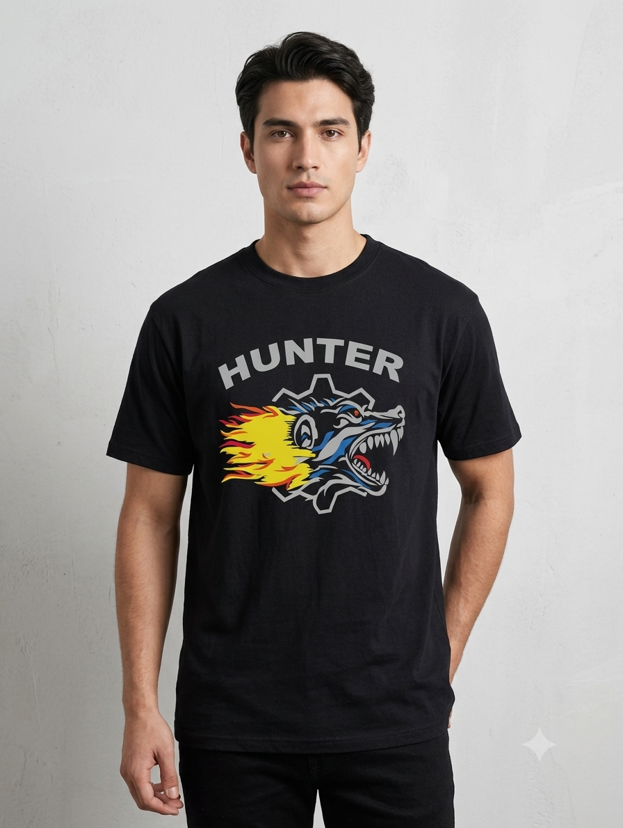 تیشرت مردانه مشکی طرح گرگ HUNTER