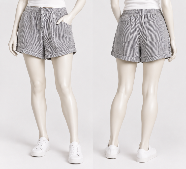 شلوارک زنانه لینن Old Navy مدل High-Waisted | راهراه طوسی سفید سایز 2X
